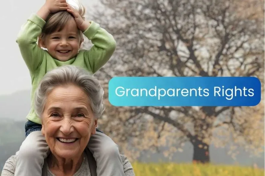 Smiling grandmother carrying a young child on her shoulders outdoors with the words "Grandparents Rights," representing grandparent rights, family bonding, and intergenerational connection