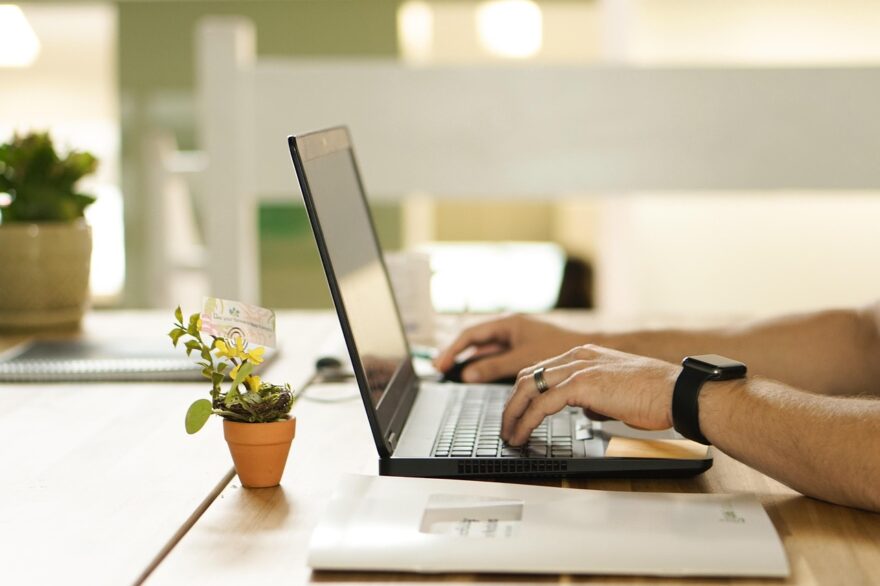 Person typing on a laptop at a desk with a small plant and notebook, representing online communication, family research, and grandparenting resources