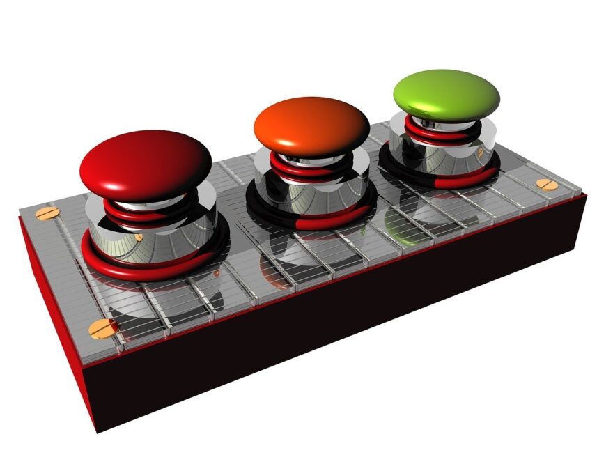Three colorful push buttons on a metallic control panel, representing choices, decision-making, and interactive activities for grandparenting content.