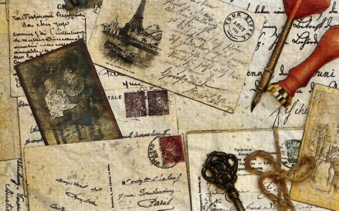 A collage of vintage handwritten letters, postage stamps, and old family keepsakes, symbolizing grandparenting, family history, and generational memories.