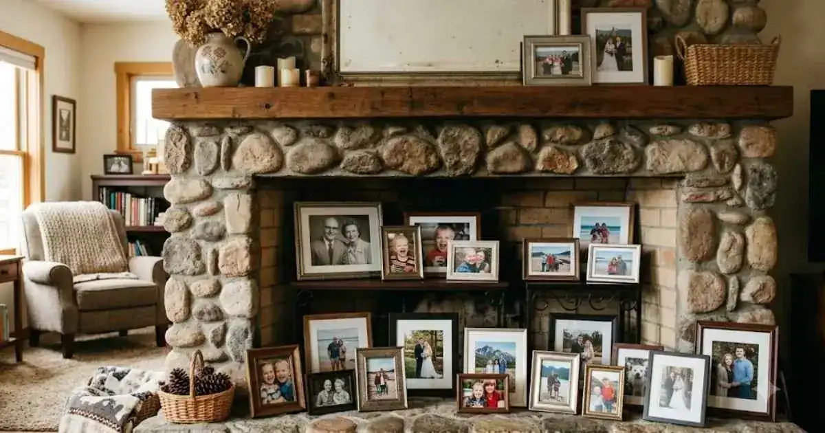 Cozy living room fireplace with framed family photos on the mantel, highlighting grandparenting, cherished memories, and intergenerational family bonds.