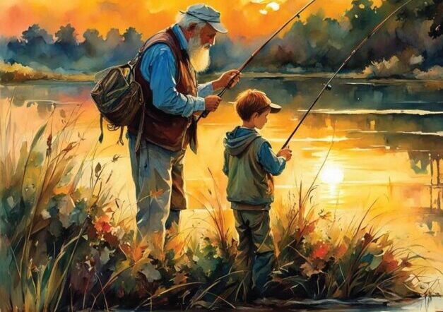 Older man teaching a young boy to fish by a lake at sunset, a warm grandparenting scene of quality time and family connection.