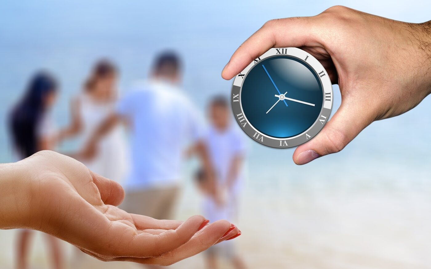 Hands holding a clock in front of a blurred family, symbolizing the importance of making time for family connection and caregiving.