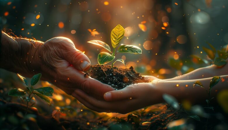 Hands passing a young plant with soil, symbolizing nurturing, growth, and grandparenting support across generations.