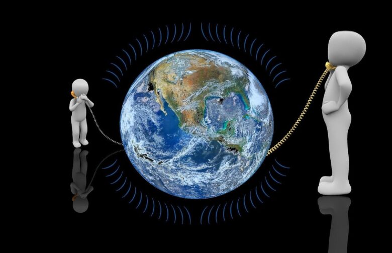 Two figures connected by a cord around the Earth, symbolizing long-distance grandparenting and family connection across generations.