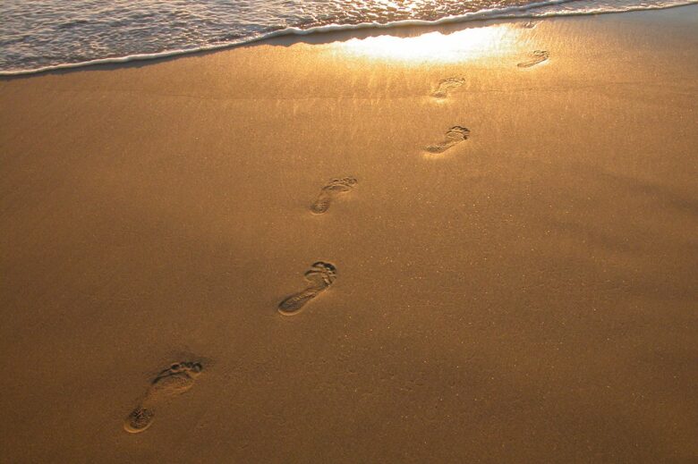 Footprints in the sand leading toward the water at sunset, symbolizing the journey of grandparenting and family legacy.