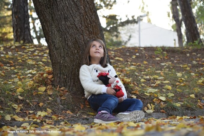 Young girl sitting under a tree with stuffed animals surrounded by autumn leaves