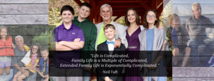 Family collage featuring grandparents, parents, and grandchildren with a quote about the complexities of family life and extended family relationships.