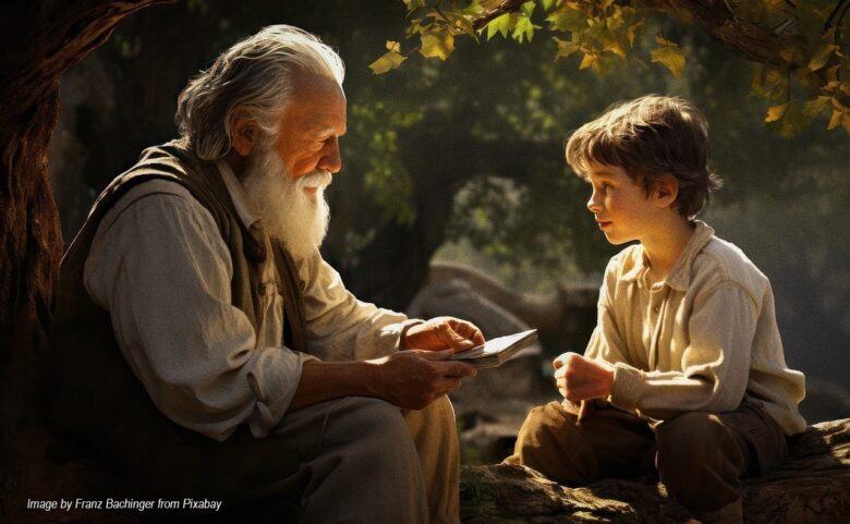 An older man sharing a story with a young boy outdoors, showing grandparenting, intergenerational bonding, and mentoring across generations.