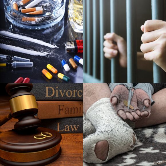 Collage showing substance use, jail bars, divorce law, and a child with bandaged hands, illustrating family crisis, custody issues, and grandparenting challenges.