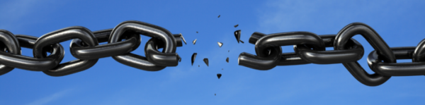 Broken black chain snapped in the middle against a blue sky, symbolizing separation in long-distance grandparenting.