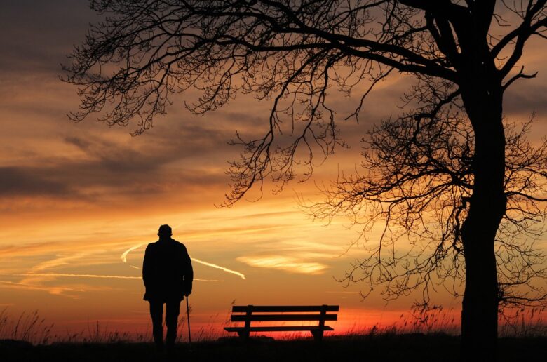 Silhouette of an elderly man with a cane standing by a bench at sunset under a bare tree, evoking reflection and long-distance grandparenting.