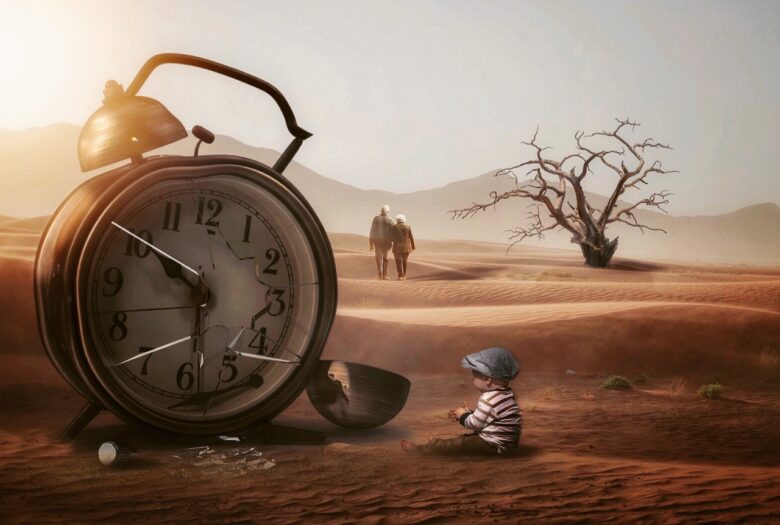 A child sitting in a desert beside a broken alarm clock, symbolizing the passage of time, family legacy, and the value of grandparenting across generations.