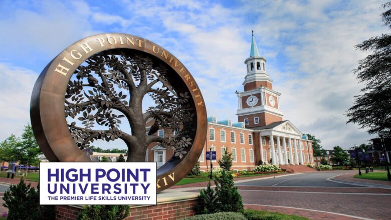 High Point University campus entrance with clock tower and tree sculpture, representing grandparenting education, intergenerational learning, and family values