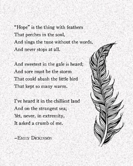 Emily Dickinson poem quote "Hope is the thing with feathers" beside a feather illustration, representing grandparenting encouragement, resilience, and emotional support
