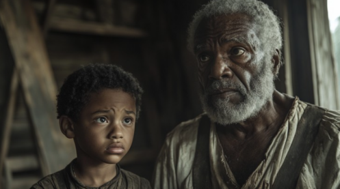 Older grandfather and young child standing together indoors, showing intergenerational family bonding, grandparenting, and care