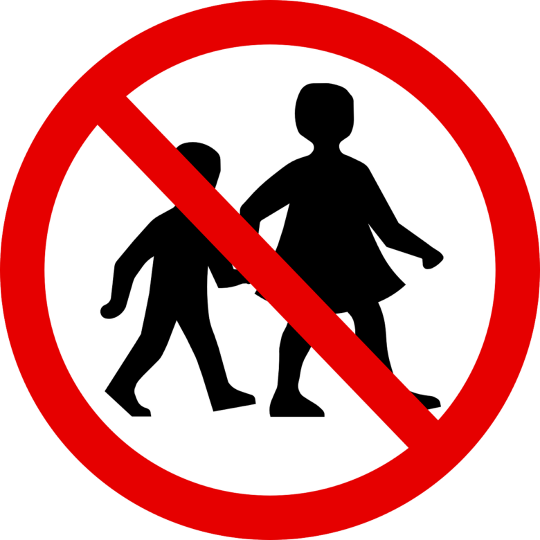 No children allowed sign with red prohibition symbol over walking figures, representing grandparenting rules, family boundaries, and child-free policy awareness