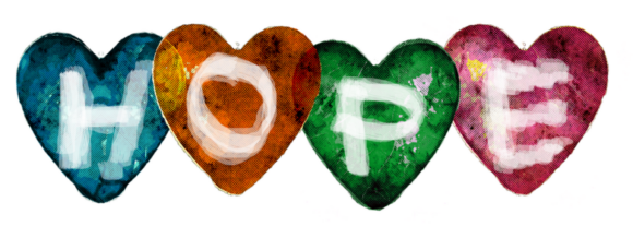 Four colorful heart shapes spelling "HOPE" in white letters, a hopeful and uplifting image for grandparenting, family encouragement, and care.