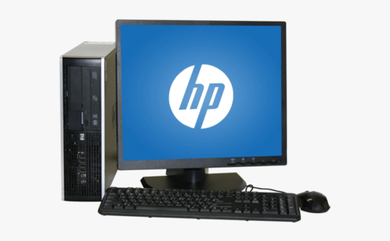 HP desktop computer with monitor, keyboard, and mouse, representing digital grandparenting, family communication, and technology for staying connected with grandchildren