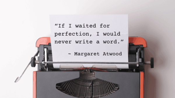 Vintage typewriter with a Margaret Atwood quote, ideal for grandparenting writers, family storytelling, and reflective caregiving content.