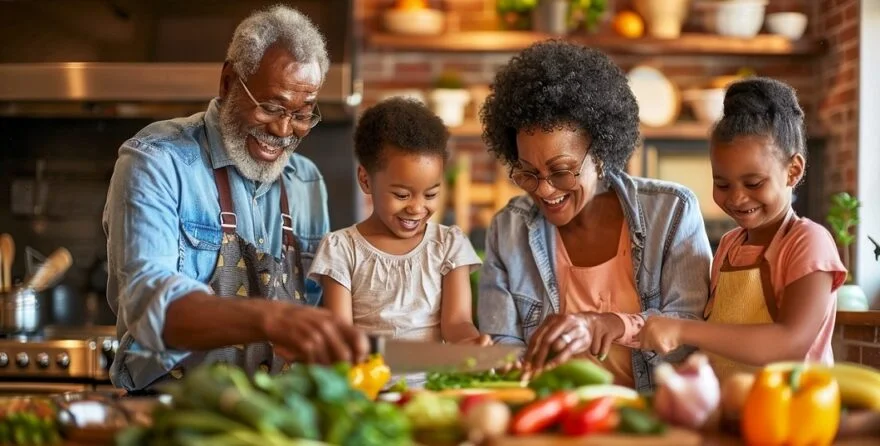 A couple of grandparents enjoying a cooking moment with grandchildren.