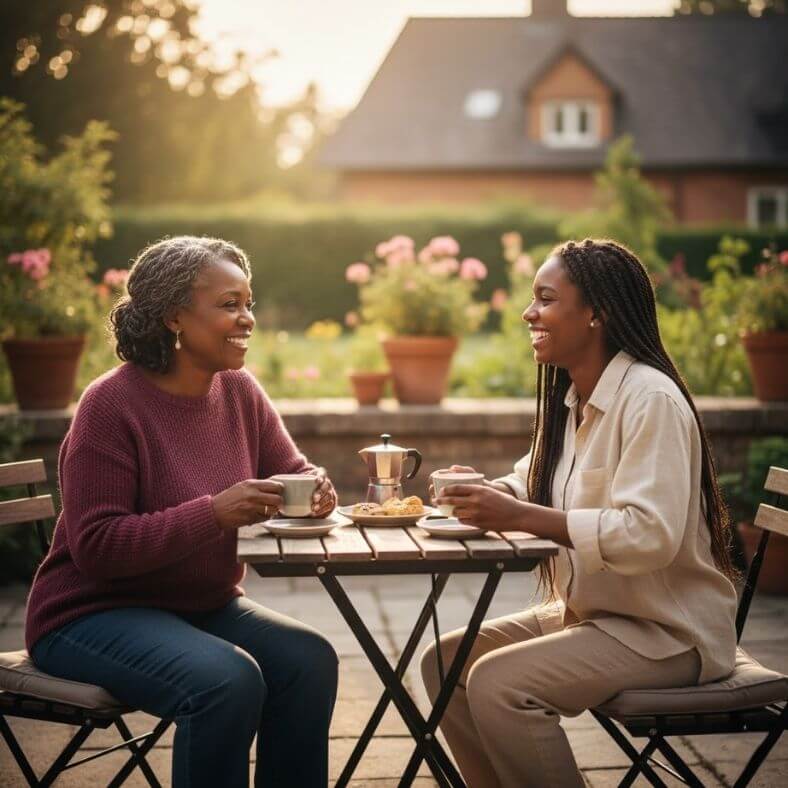 Grandparent and adult child in respectful conversation, building strong family communication