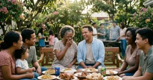 Grandparent and adult child enjoying a relaxed family moment, representing a repaired and thriving relationship