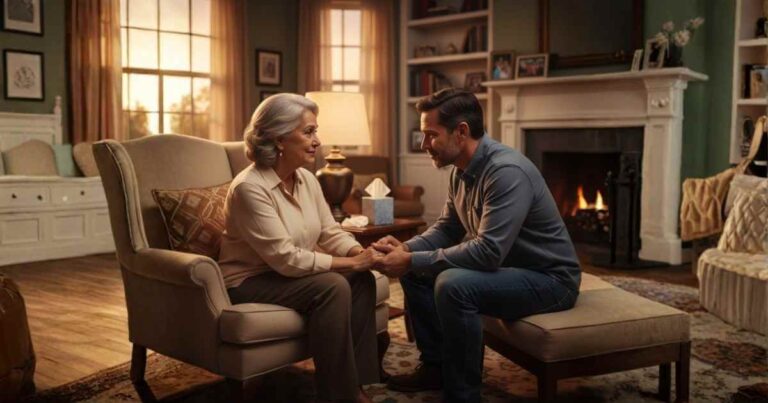 Grandparent and adult child rebuilding their relationship through honest, compassionate conversation