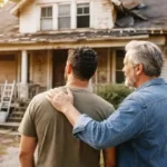 A grandfather supporting his adult son with an encouragement.