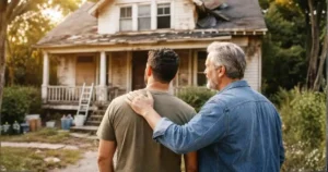 A grandfather supporting his adult son with an encouragement.