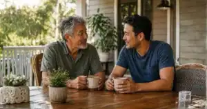 A grandparent and his adult son in a heartwarming talk illustrating a trusting partnership in family dynamics