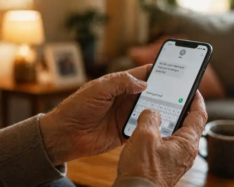A grandparent sending a short text message to a grandchild illustrating the use of modern technology to reach out to your grandchildren.