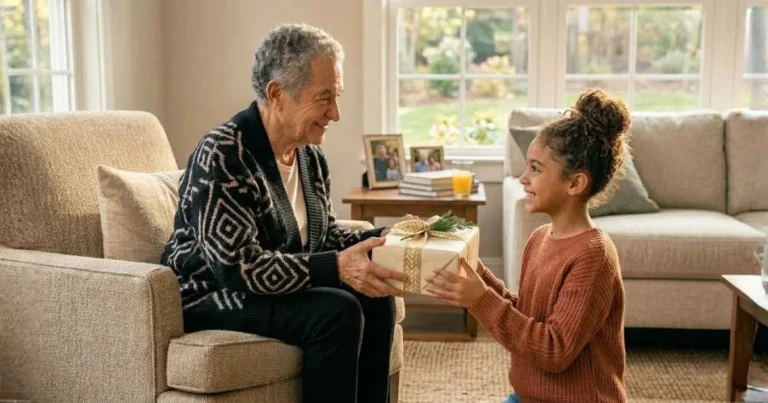 Grandmother handing a wrapped gift to her smiling granddaughter