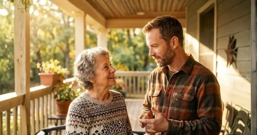 A grandmother having a meaningful conversation with her son to know what's best for her grandchildren.