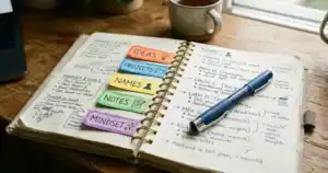 A close-up of an open notebook with handwritten tabs, names, and notes. A pen resting on the page. Warm and personal.