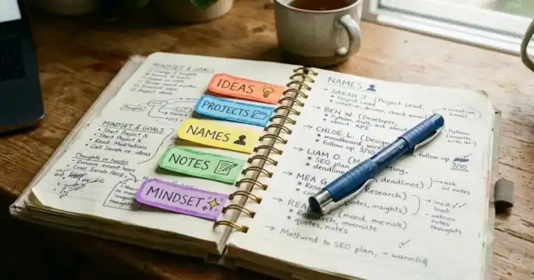 A close-up of an open notebook with handwritten tabs, names, and notes. A pen resting on the page. Warm and personal.
