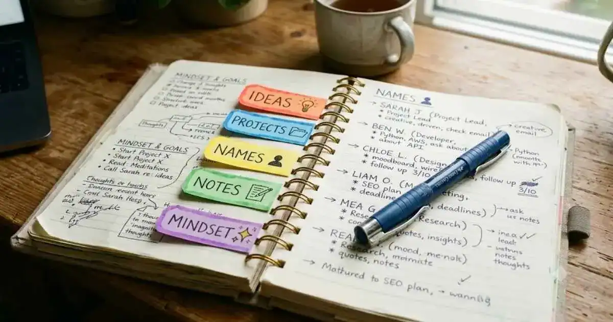 A close-up of an open notebook with handwritten tabs, names, and notes. A pen resting on the page. Warm and personal.