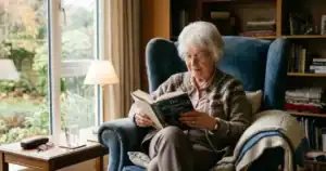 Grandparent reading a book about family relationships and reflecting on parenting, grace, and healing.