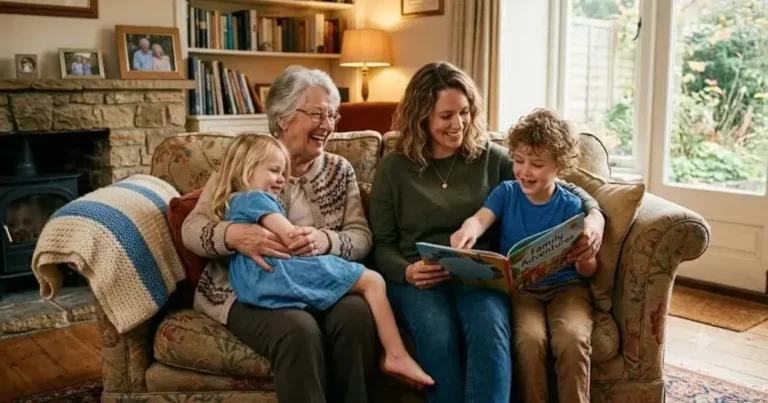 A warm multigenerational family scene with a grandparent, adult child, and grandchildren together in a relaxed home setting.