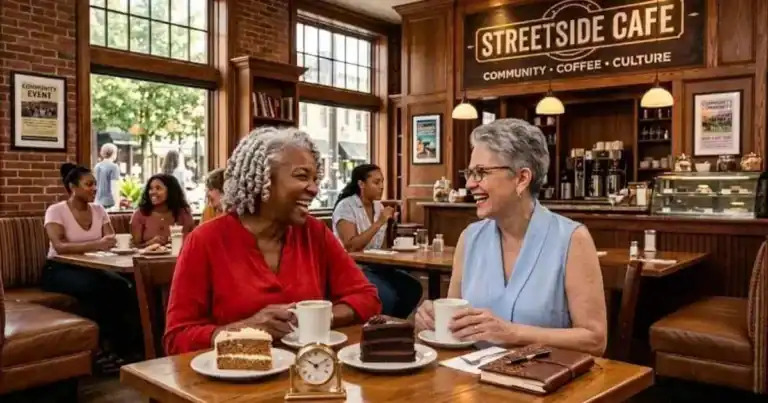 Two older adults laughing together over coffee, representing community and collaboration.