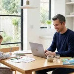 A young grandfather working with a laptop while taking care of his granddaughter in a well-lit kitchen.
