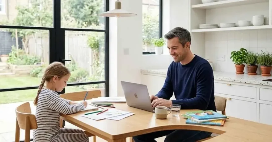 A young grandfather working with a laptop while taking care of his granddaughter in a well-lit kitchen.