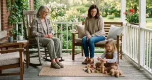 Two generations of family watching a child play together, illustrating grandparent and parent partnership.