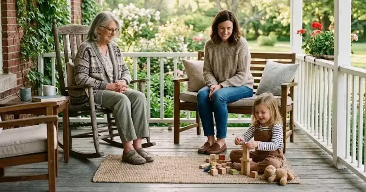 Two generations of family watching a child play together, illustrating grandparent and parent partnership.