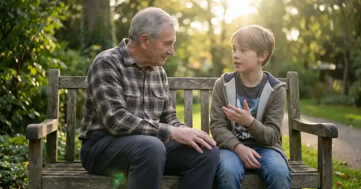 Grandparent and grandchild sitting together outdoors, grandparent listening intently while child talks